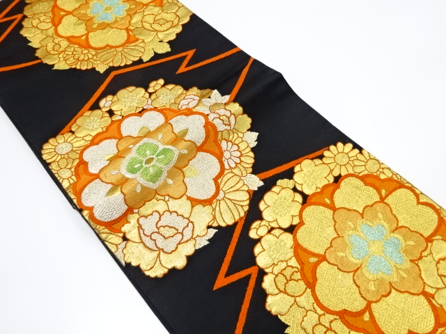 アンティーク　松皮菱に華紋模様織り出し袋帯(着用可)